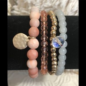 Multi Strand Rose Quartz & Beaded Stretch Bracelet